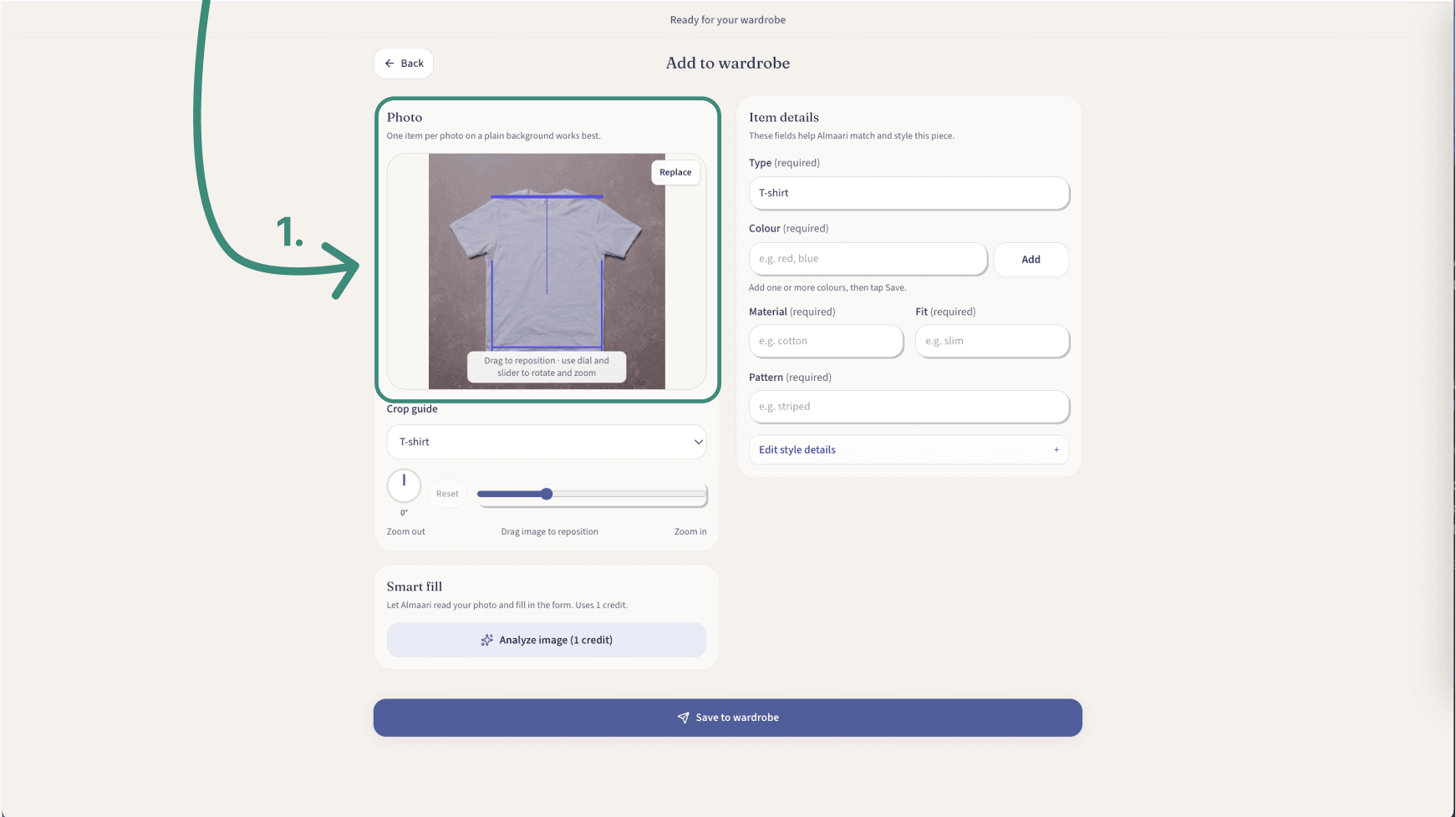 Almaari Add Clothes form showing a garment positioned inside the crop guide