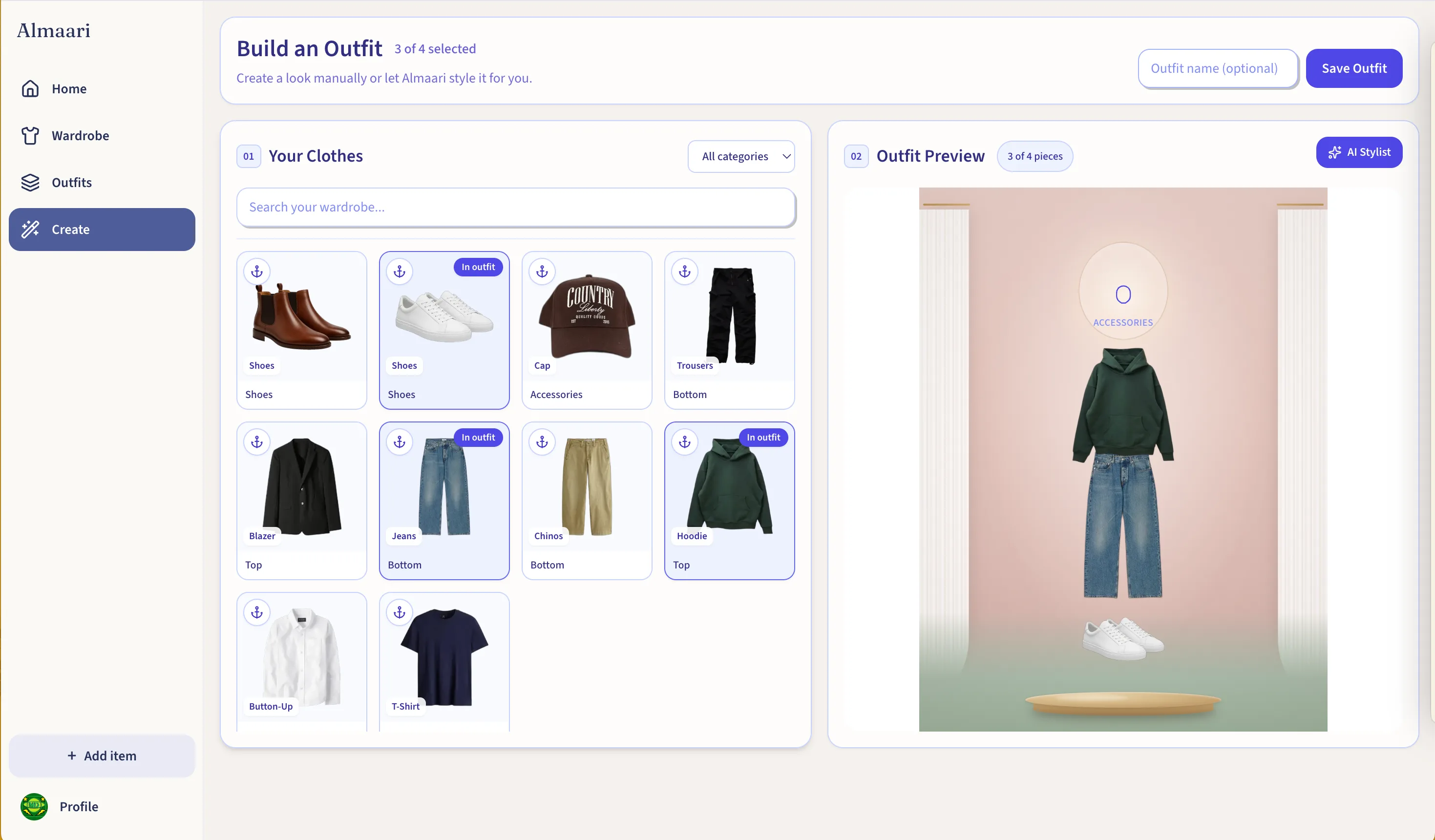 Almaari outfit builder with selected garments