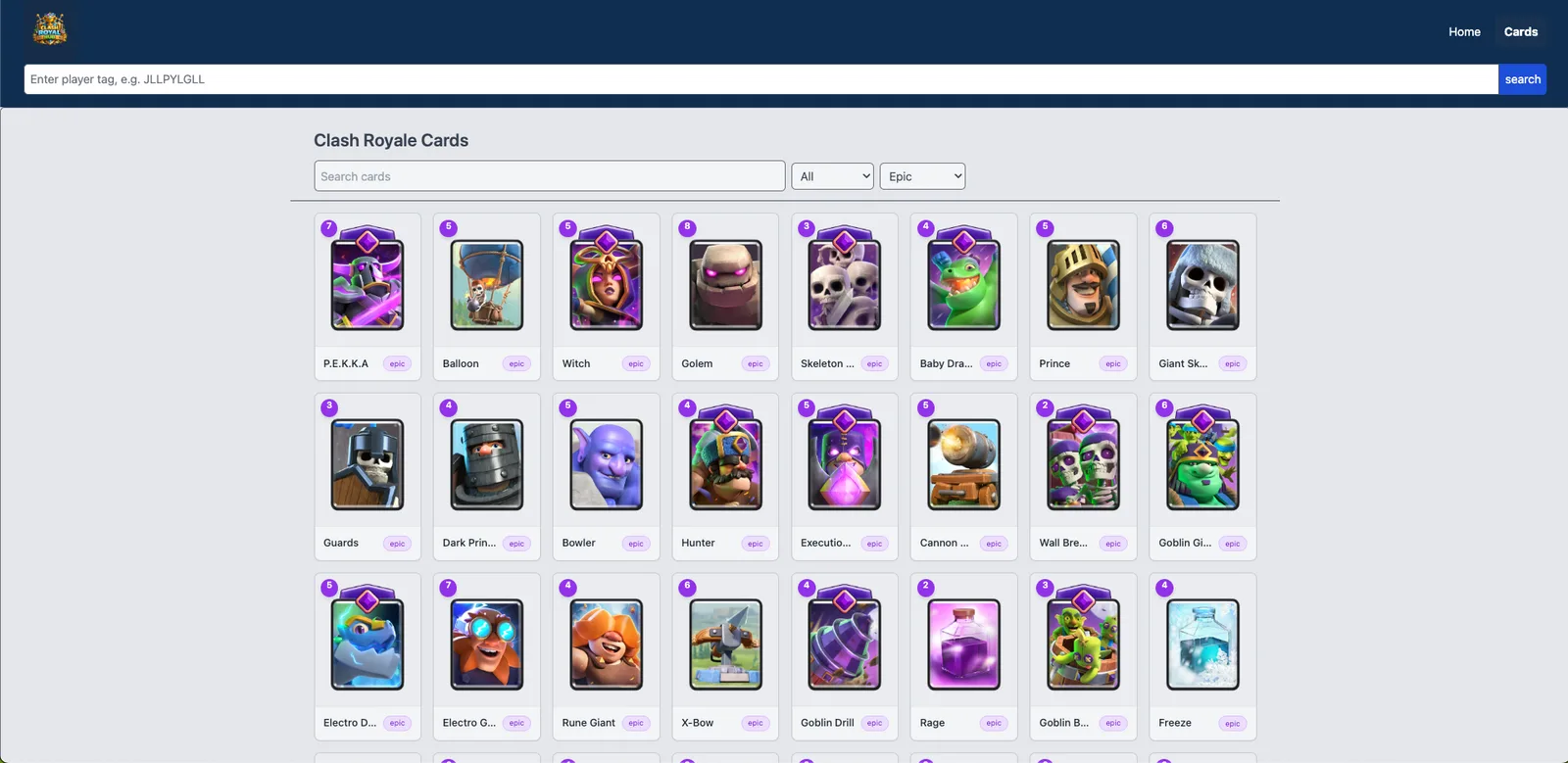 Clash Royale Hub card browser