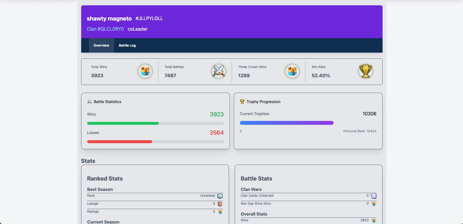 Clash Royale Hub player profile screen