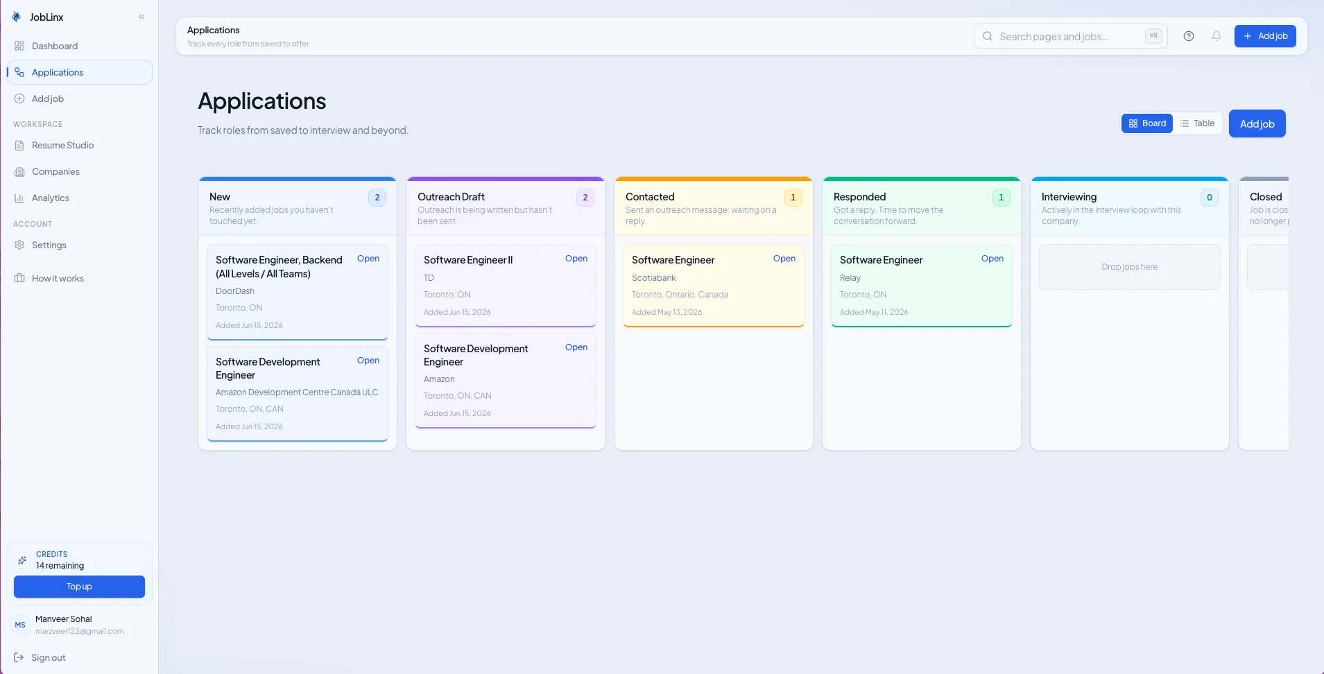 JobLinx Kanban board of applications by stage