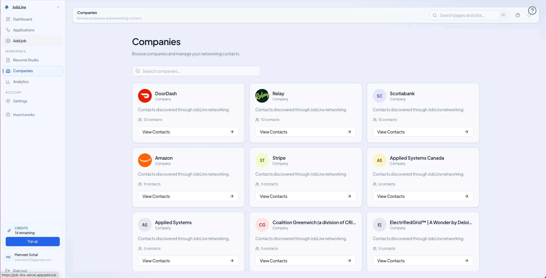 JobLinx companies page with discovered contacts