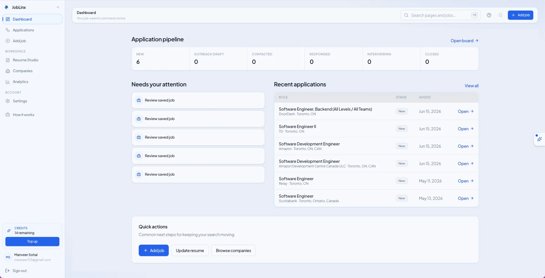 JobLinx dashboard with application pipeline and recent roles