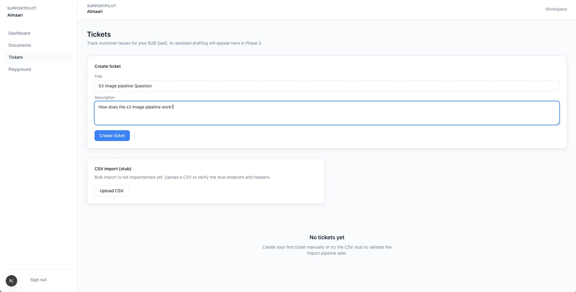 SupportPilot tickets interface