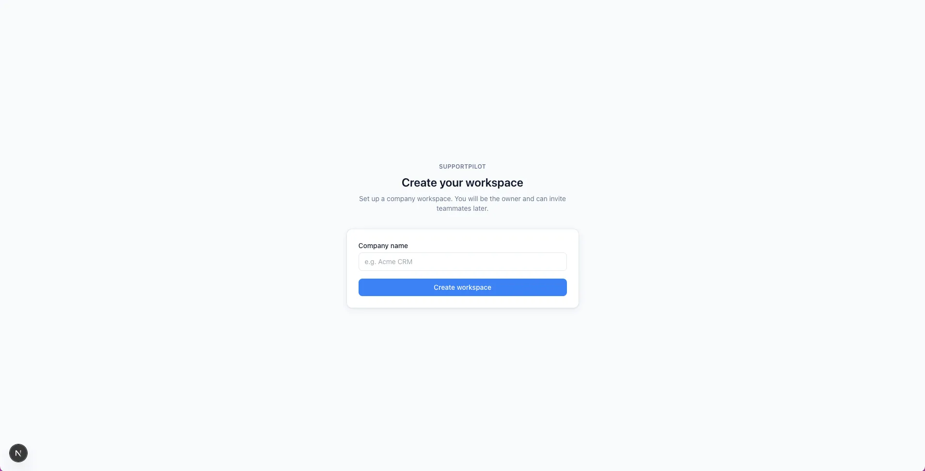 SupportPilot workspace creation screen