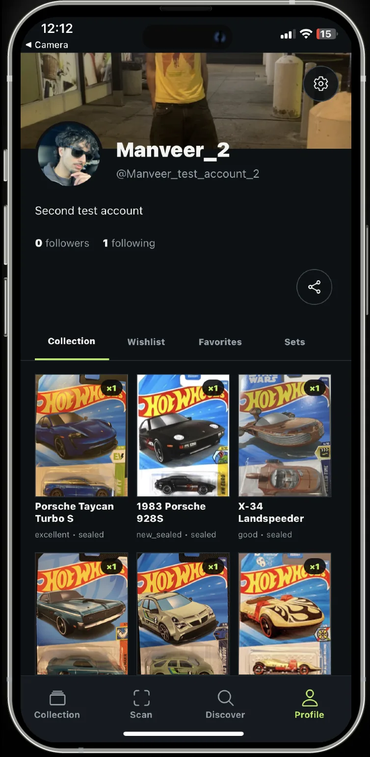 SetLookup profile screen showing a collector's Hot Wheels collection grid