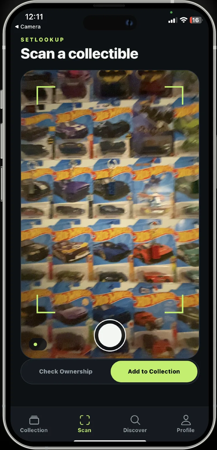 SetLookup scan screen framing a wall of Hot Wheels cars for camera-based lookup